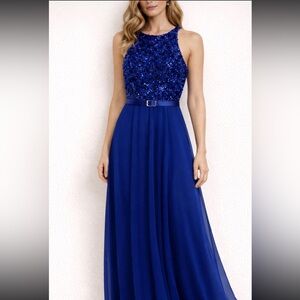 Royal Blue Sequence Halter Evening Dress with satin bow belt